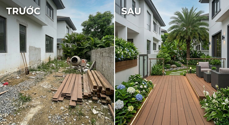 Sàn gỗ nhựa sân vườn ngoài trời trước và sau khi lắp đặt