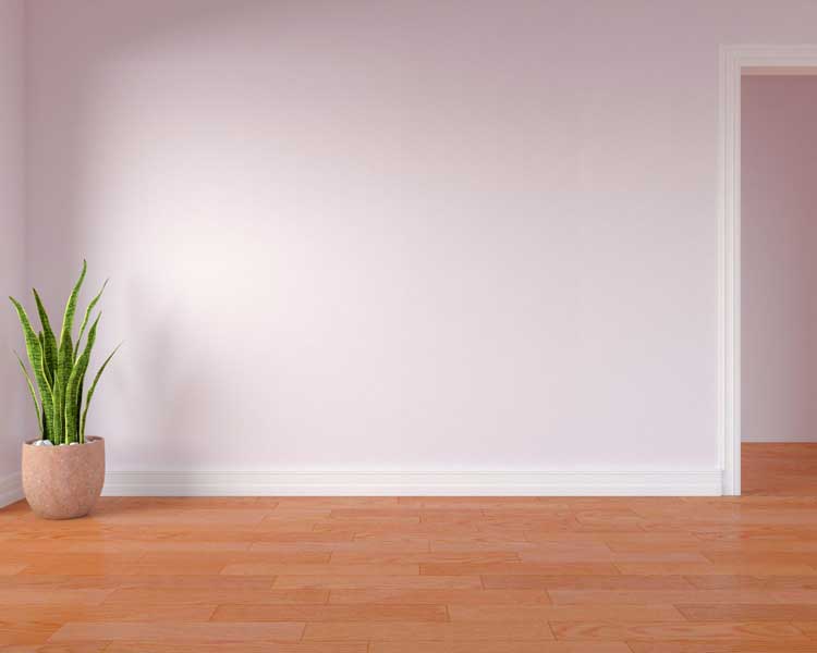 Tường sơn màu tím nhạt kết hợp với sàn gỗ, sàn nhựa giả gỗ cam nâu