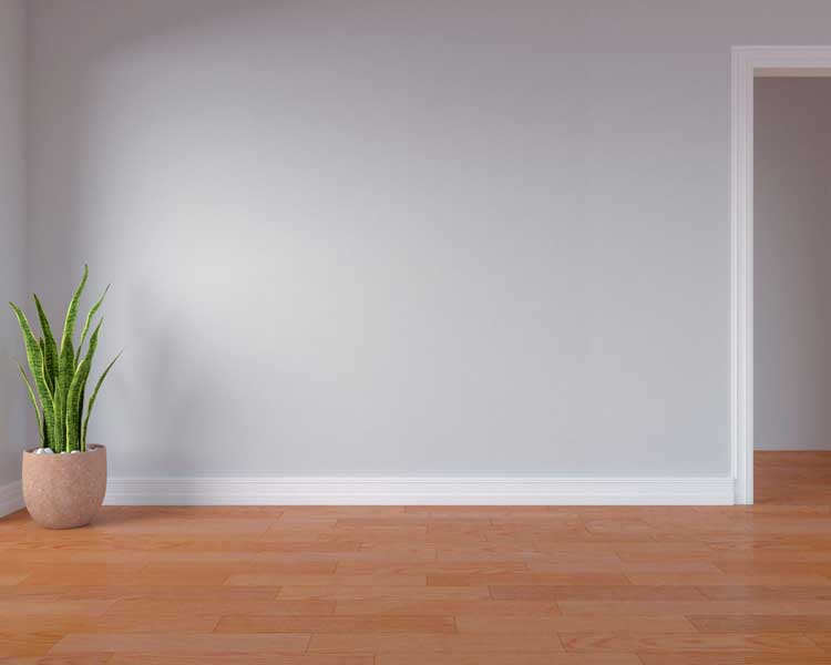 Tường sơn màu xám nhạt kết hợp với sàn gỗ, sàn nhựa giả gỗ cam nâu