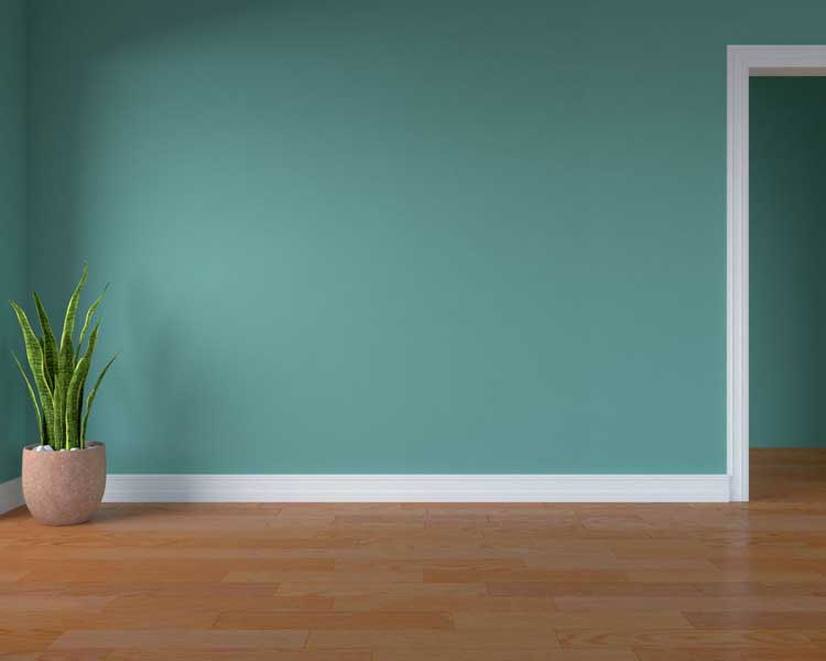 Tường sơn màu xanh lam đậm kết hợp với sàn gỗ, sàn nhựa giả gỗ cam nâu