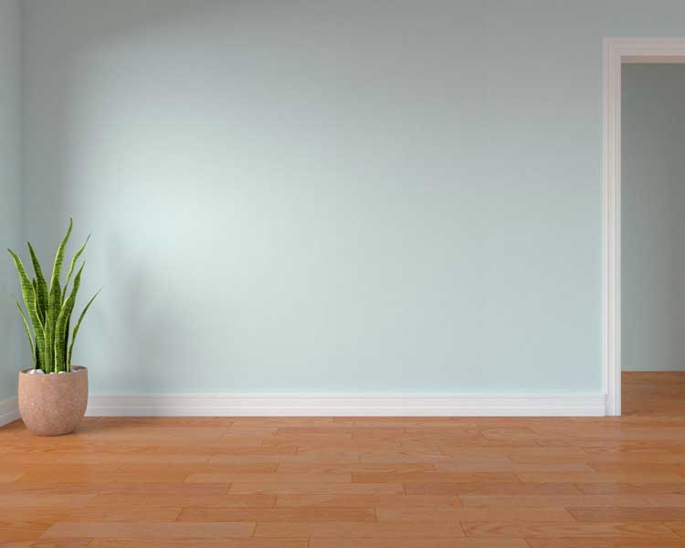 Tường sơn màu xanh nhạt kết hợp với sàn gỗ, sàn nhựa giả gỗ cam nâu