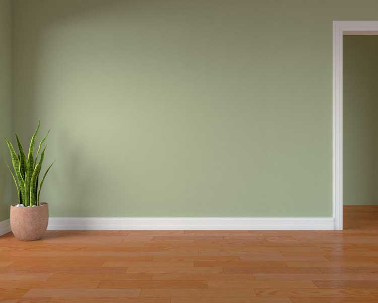Tường sơn màu xanh rêu kết hợp với sàn gỗ, sàn nhựa giả gỗ cam nâu