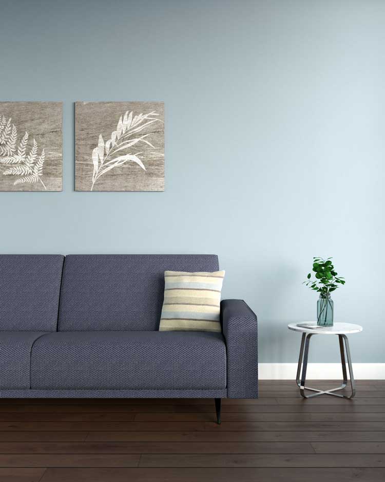 Tường sơn màu xanh nhạt kết hợp với sàn gỗ, sàn nhựa giả gỗ nâu