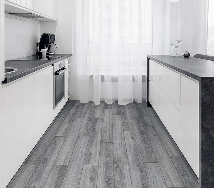 sàn gỗ màu xám cho phòng bếp