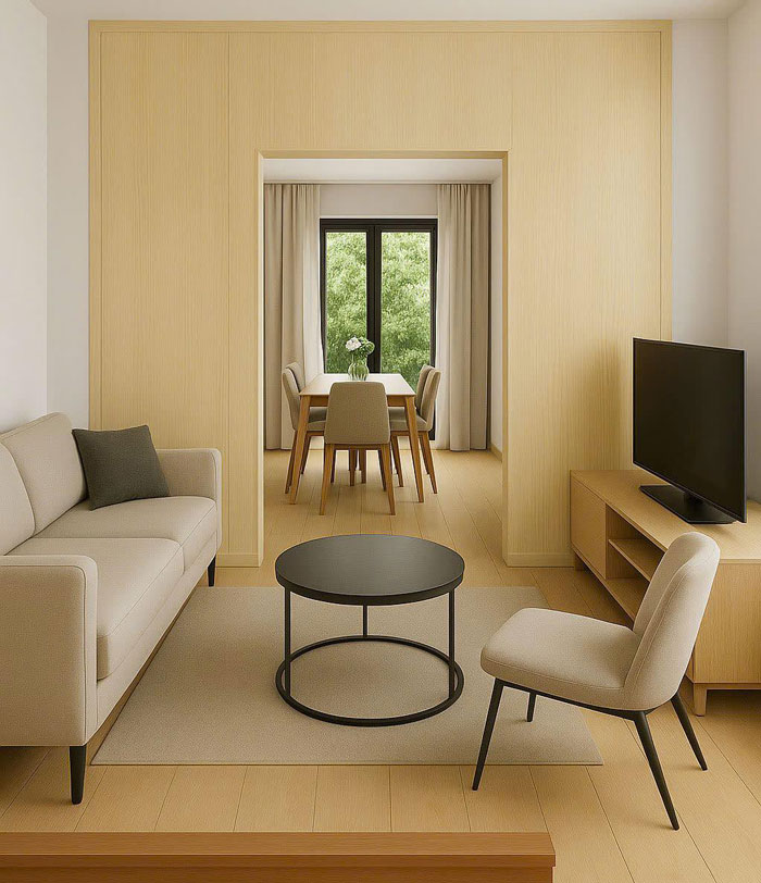 Ứng dụng tấm nhựa làm vách ngăn phòng khách và bếp