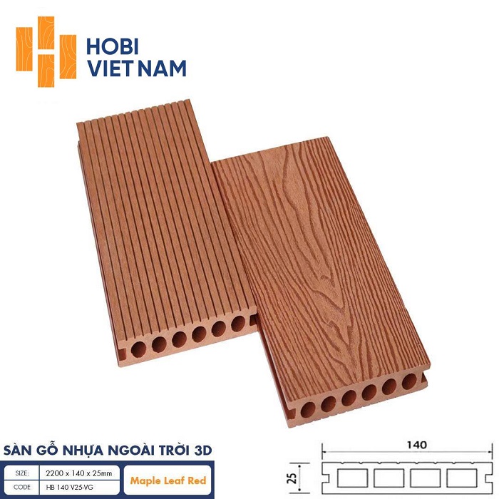 Sàn gỗ nhựa ngoài trời Hobiwood 3D HB 140 V25-VG Maple Leaf Red