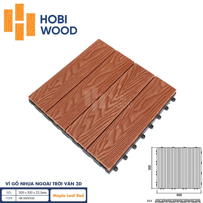 Vỉ gỗ nhựa Hobiwood HB 3D 300V300 Maple Leaf Red