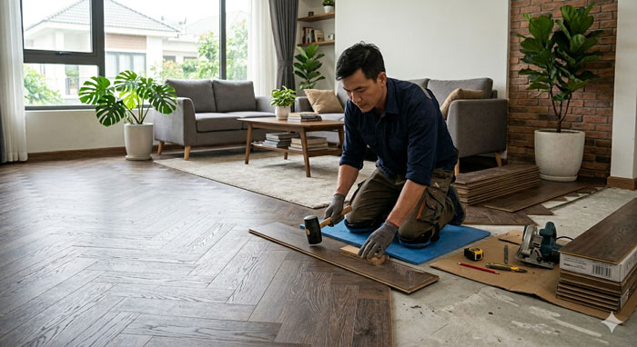 Sàn gỗ xương cá thi công phức tạp