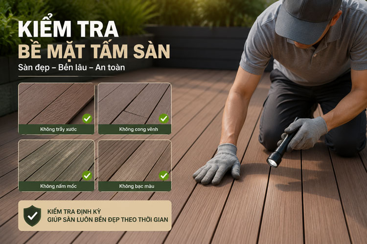 Kiểm tra bề mặt tấm sàn khi bảo dưỡng sàn gỗ nhựa ngoài trời