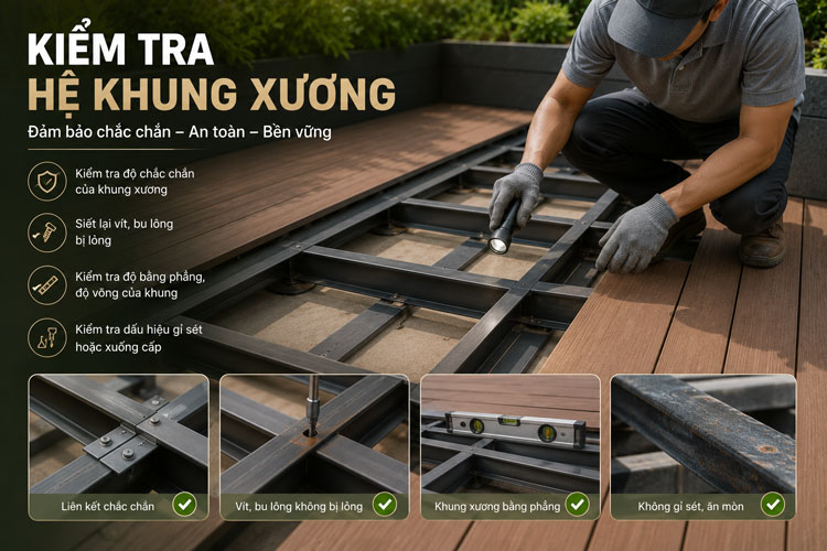 Kiểm tra hệ khung xương khi bảo dưỡng sàn gỗ nhựa ngoài trời