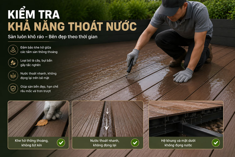 Kiểm tra khả năng thoát nước khi bảo dưỡng sàn gỗ nhựa ngoài trời