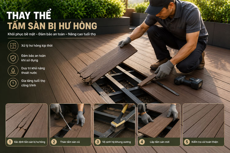 Thay thế tấm sàn bị nứt hoặc biến dạng khi bảo dưỡng sàn gỗ nhựa ngoài trời