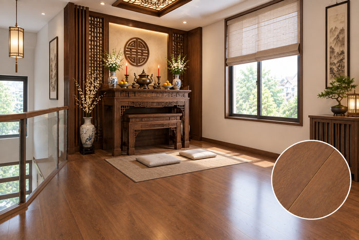 Mẫu sàn gỗ phòng thờ màu nâu gỗ tự nhiên